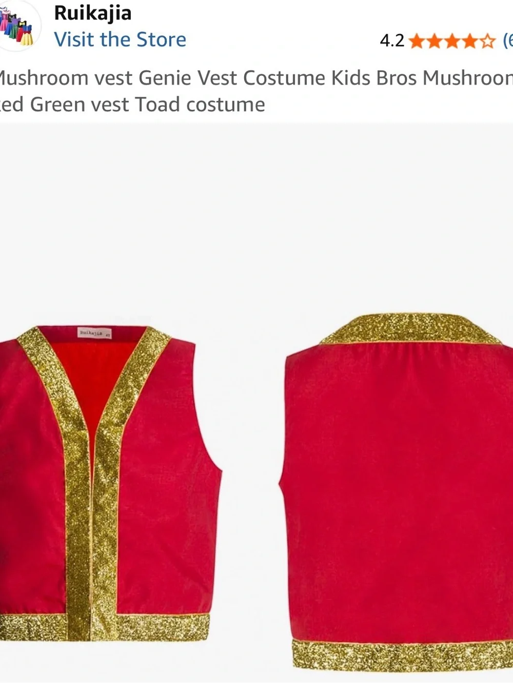 Kids Mushroom Toad Costume Vest Red Genie Arabian Prince, 6T
